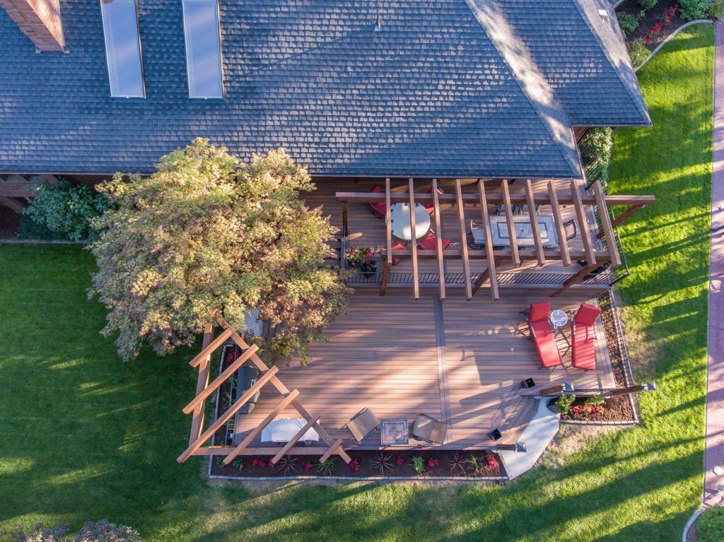 Aerial Custom Pergola & Tiered Deck in Spokane